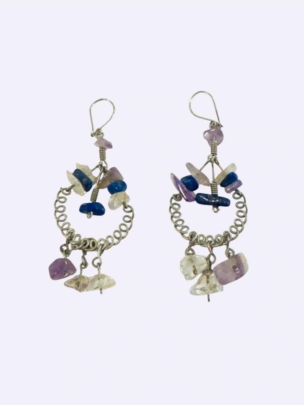 Boho Wire Wrapped Gemstone Dangle Earrings Purple Blue Chip Stone Handmade